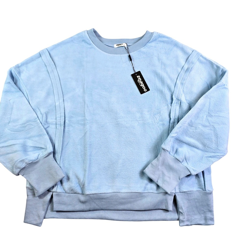 Oversized Fleece Sweatshirt Womens Medium Blue Crew Side Slit Long Sleeve New